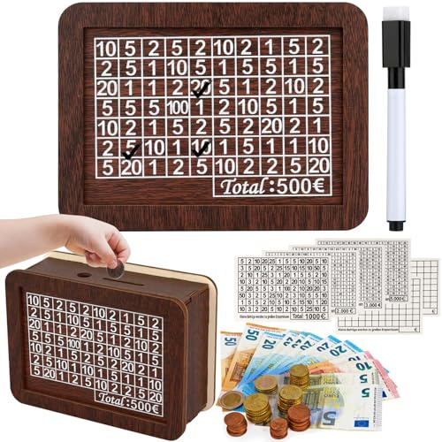 Ysimple €500 Holz Spardose mit Zähler, Holz Sparbox mit Sparziel Aufklebern | Retro Sparziel Spardose, Wiederverwendbare Holz Sparbox mit Zählfunktion und Sparziel-Anzeige zum Geld sparen, Braun