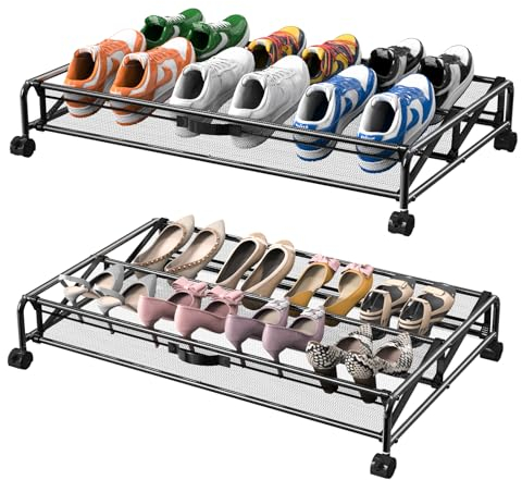 KOSIWU Under Bed Storage With Wheels, 2 Pack Rolling Containers for Shoes, Metal Rack Organizer for Bedroom Organization