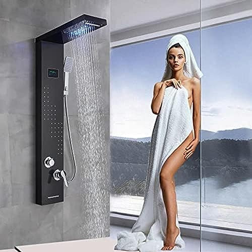 Panneau de Douche Noir, système de Tour, tête de Pluie LED, Combinaison de Jets de Massage, Robinet, Colonne de Douche