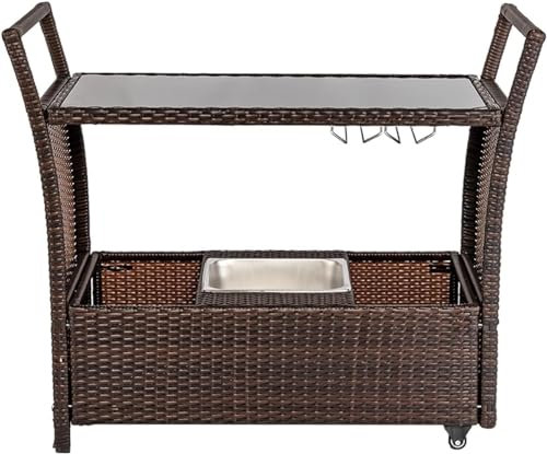 RUBYOH Outdoor-Terrassenmöbel-Set, Outdoor-Terrasse, Korbgeflecht, Rattan, Servier-Barwagen mit Eiskübel, Weinregal, Braun