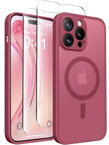 CAPRARO Magnetische für iPhone 14 Pro Max Hülle,[Kompatibel mit MagSafe] [Vollständiger Schutz der Kamera] Stoßfester Schutz Schlank Durchscheinende Matte iPhone 14 Pro Max Hülle,Rosen Rot