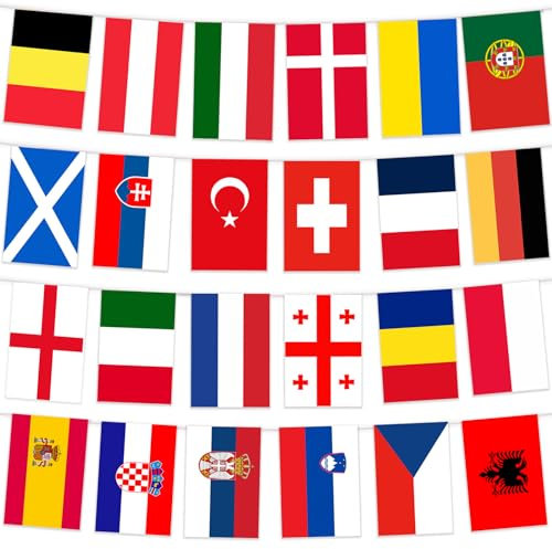Wentsent 24 Länder Fahnen Wimpelkette, 24 Länder Beidseitig Stoff Euro Flaggenkette, Olympia Deko Wimpel Girlande Banner für Europa Damen Fußball EM Eurovision 2025 WM Olympische Bar Party Dekoration
