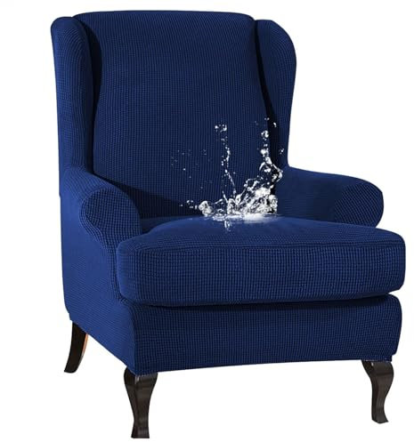 ZRCYXDW Wasserdichter Ohrensessel Überzug, Elastisch Bezug Sesselhusse Kariert Mit Kissenbezug Abnehmbarer Sessel-Überwürfe Waschbarer Für Wohnzimmer Hotel-Navy blau-2 Stück