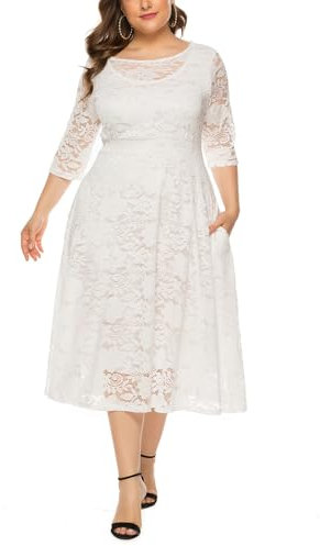BSLVWG Women Plus Size Lace Cocktail Dresses Summer Round Neck Short Sleeve Wedding Guest Midi Dress with Pocket (UK, Alpha, 5XL, Plus, Regular, White)