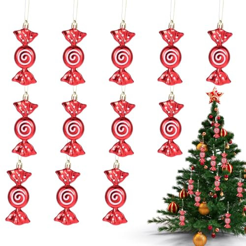 12 Stück Weihnachts Süßigkeiten Ornamente, Weihnachtskugeln Zuckerstangen Deko, Glitzer Weihnachtsbaumschmuck, Hängende Weihnachtsbaum Dekorationen Bonbon Girlande Ornamente für Weihnachts Party Deko