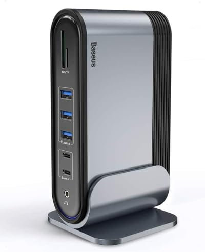 Baseus Station d'accueil 17 en 1 USB C 4K HDMI*3 pour transmission vers 3 moniteurs avec port USB C PD 100 W, USB 3.0*5, LAN, lecteur de carte SD/TF, port audio Hub USB C pour Windows, ordinateur port