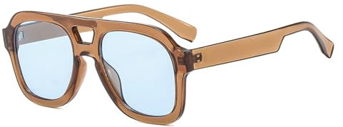 Long Keeper Retro Pilot Sonnenbrille Herren Damen 70er Vintage Sonnenbrille Pilotenbrille Eckig Klassisch Piloten Gelb Getönte Brille mit UV400 Schutz, 50MM (Klares Braun Rahmen - Blau Linse)