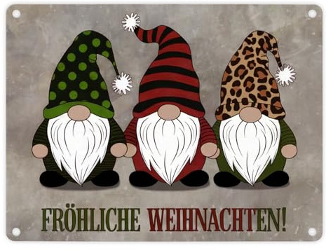 Drei Wichtel - Fröhliche Weihnachten Metallschild in 15x20 cm Metallschild in 15x20 cm mit animiertem Bild von Wichteln mit grünem Hut rotem Mantel - perfekte Weihnachtsdeko
