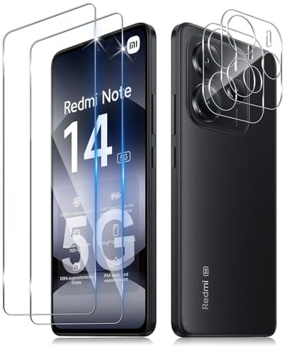 Funrae 2 Piezas Protector de Pantalla para Xiaomi Redmi Note 14 5G con 2 Piezas Protector de Lente de Cámara, 0.33MM HD 9H Ultra Resistente Cristal Templado Vidrio Templado