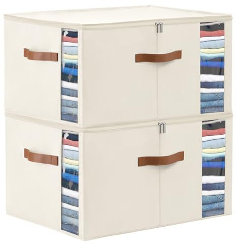 WELTRXE Clothes Storage Bag, 2 Pack 80L Storage Boxes with Lid, Zip, Foldable Wardrobe Storage Organiser, Oxford Fabric Moving Bag with PP Panel Frame Support for Clothing, Bedding, Blanket, Cream