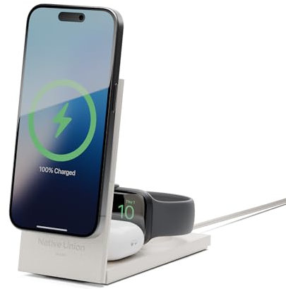 Native Union Rise 3-in-1 Magnetic Wireless Charger – Qi2 Certified & MagSafe – 15W Fast-Charging Foldable Charging Stand for iPhone Air/17/16 with Charging for AirPods(Pro) & Apple Watch (Sandstone)