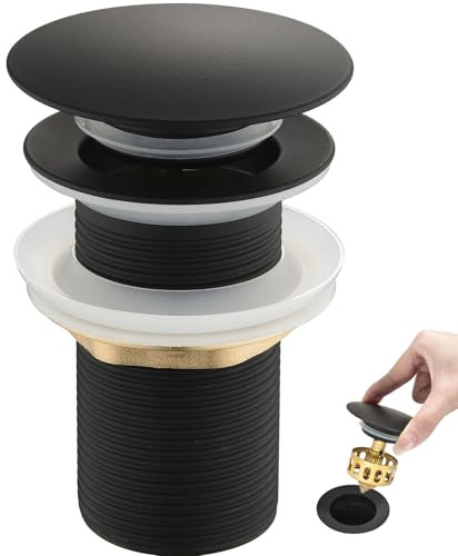 kelleria Desagüe tapon lavabo click clack para Lavabo, Válvula Pop up Desplegable sin Rebosadero, 1/4 Válvula de desagüe con tapa de latón para lavabo, desagüe con goma engrosada, Negro Mate