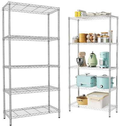 ATEK 5 Tier Metal Shelving Units for Storage, 125kg Capacity Wire Shelves Rack, Metal Wire Shelf Storage Unit Organizer for Garage Kitchen Office 58x35x160cm