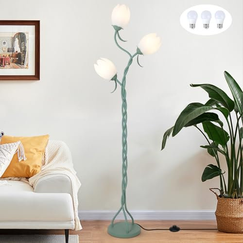 Stepeak Grün Stehlampe Wohnzimmer, 3-flammige Blume Lampenschirm Stehlampe mit 3 LED Glühbirne, DIY Tulpen Blumenlampe, Flower Floor Lamp, Modern Stehleuchte für Schlafzimmer, Kinderzimmer, Büro 170cm