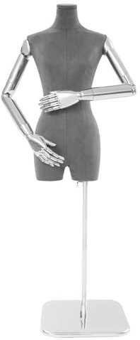 HuKaiL Schneiderpuppe, Schaufensterpuppe Weiblich Bügelpuppe mit Verstellbar Höhe 120-210cm, Abnehmbare Torso Annequin mit Wildleder Stoff für Ausstellen Kleidung, Silber+Grau