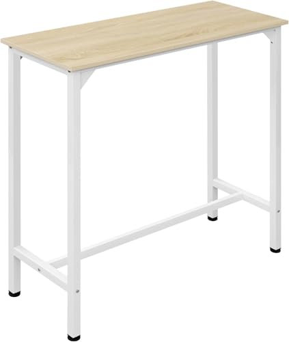 EUGAD Mesa Alta Cocina, Mesa de Bar Estrecha, para Isla de Cocina, Comedor, Barra Bar y Cafeteria, Marco Metalico, Encimera Madera, Pies Ajustable, Estilo Industrial, Roble Claro + Blanco