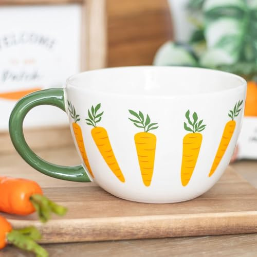 BelAya E Ceramic Carrot Pattern Tea Cup Mug, White with Green Handle, Large Capacity 500ml.
