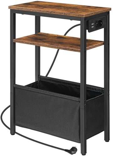 HOOBRO Table d’Appoint étroite, Table de Chevet avec Station de Charge et Rangement, Bout de Canapé avec Prise et Ports USB, pour Petit Espace, Chambre, Salon, Marron Rustique et Noir EBF125CBZ01