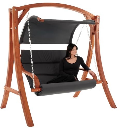 di volio Hollywoodschaukel Pergia, Gartenschaukel aus Holz, Outdoor Hängesessel mit Gestell für 2 Personen, mit Sonnendach, wetterfest & robust (Grau)