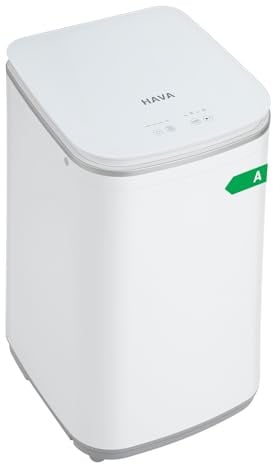 Lavatrice Portatile HAVA, Capacità 3 kg - Mini Lavasciuga Automatica, 8 Programmi, Lavaggio a Caldo, Scarico in Alto e Design Compatto per Piccoli Spazi