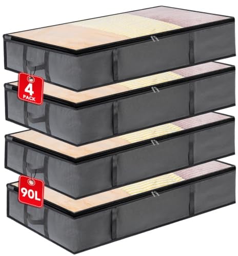 Dntorx 4 Pack 90L Under Bed Storage Bags, Underbed Storage Boxes with lid | Foldable Non-Woven Fabric, Clear PVC TOP, Double Metal Zip, Reinforced Handles, Dust-Resistant Clothes and Bedding Storage