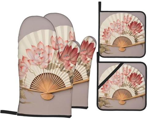 Kitchen baking 4-piece VVXBHGR Lotus print on fan Prints set with soft lining and thick insulation for kitchen cooking and outdoor barbecue