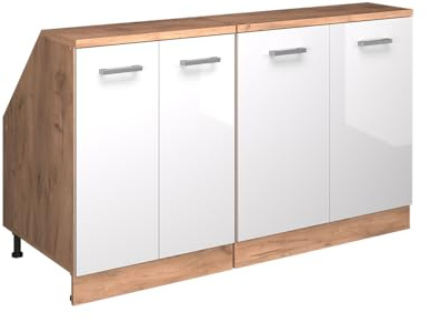 Vicco Küchenschrank für Dachschrägen R-Line, Weiß Hochglanz, 140 cm | 2 Module · Extra Tiefe – 60 cm · Höhenverstellbare Füße · 4 Türen · ✓ Frei kombinierbar