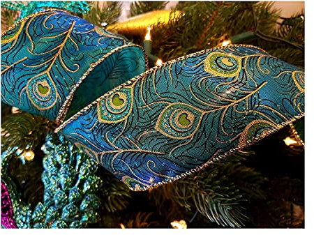 Ribbon Queen Luxury Peacock Feather Taffeta Green Teal 2.5 / 6.3cms Wide Wire Edged French Ribbon Birthdays Christmas etc (5m)