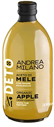Deto Andrea Milano, Aceto di Mele Biologico, Ricco di Proteine, da Usare come Condimento su Insalate o Verdure, Dolce e Delicato, Made in Italy, 500 ml