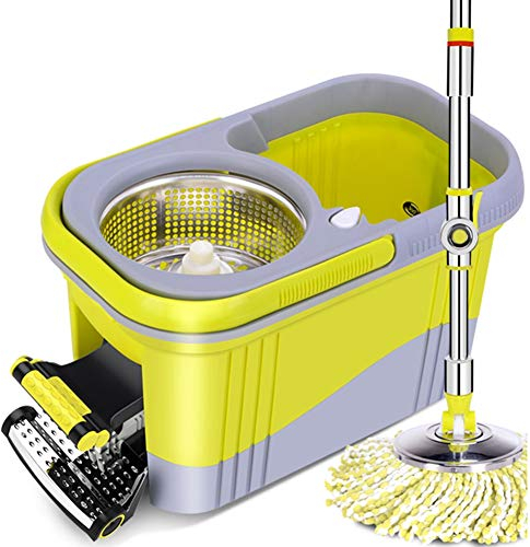 Axdwfd fregona Girando Presión de Mano Pie La Banda de Rodadura Secado automatico Polea Cubo de la fregona, 4 Cabezas de fregona Amarillo