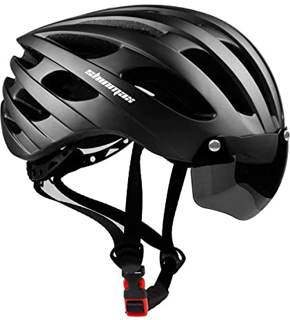 Shinmax Casque Velo Homme Femme, Casque Vélo avec Lumière USB Rechargeable Casque Velo avec Magnétiques Visière UV de Protection Casque VTT Autocollant Lumineux 57-62CM(RC-049)