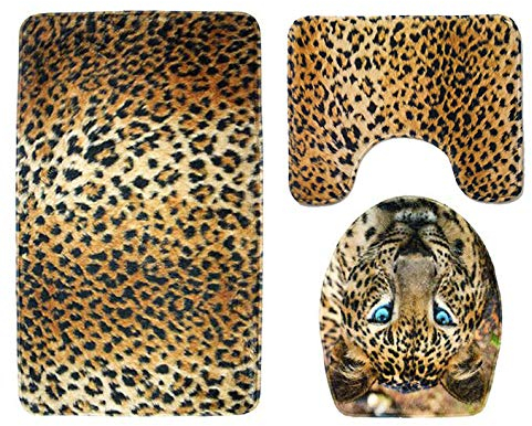 FeiliandaJJ Badematten Set 3 Teilig rutschfest,3pcs Bad Teppiche Set Tiger Leopard Drucken Waschbar Badgarnitur Badezimmer Matte Set Dusch Vorleger Teppich für Badezimmer Toilet (B)