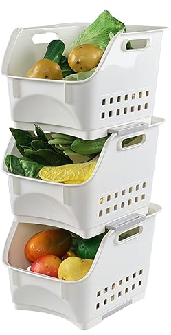 Lesbye 3 Packs Plastic Stacking Storage Basket, Multifunctional Stacking Baskets, Kitchen Vegetable and Fruit Rack Bin, White
