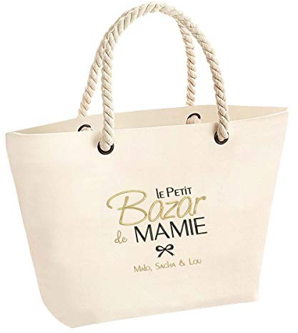 ÉNJA Création. Cadeau mamie - Grand sac personnalisé en broderie avec le message et le(s) prénom(s) de votre choix - idée cadeau fête des grands-mères, anniversaire ou noël