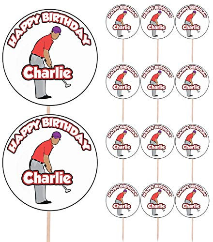 AK Giftshop Personalised Golf Golfer Birthday Food & Cupcake Toppers Picks Flags Party Decorations - (pack of 14)