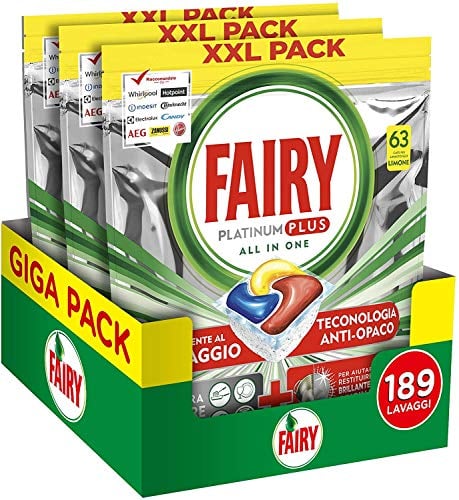 Fairy Pastiglie Lavastoviglie Platinum Plus - 189 lavaggi - 3 confezioni da 63 lavaggi - Anti-Opaco