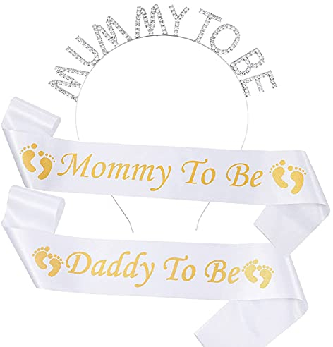 Baby Shower Schärpe inklusive Daddy to Be Schärpe Mummy To Be Schärpe mit Krone, Baby Shower Party Deko Mummy Haar Dekorationen Schwangere werdende Mutter Geschenk Baby Willkommen Party Decors(Weiß)