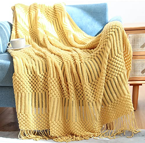 LumiSyne Gestrickte Decke Mit Quaste Einfarbig Blasenmuster Kuscheldecke Strickdecke Tagesdecke Überwurf Couchdecke Dekorative Decke Für Sofa Bett 170x130cm
