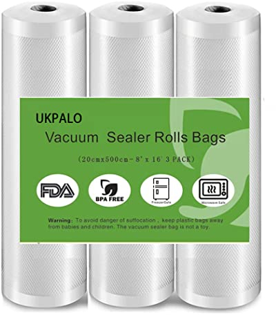 UKPALO Vakuumierfolie Beutelrollen zum Lebensmittel Vakuumverpacken,3 Packung 20cm x 5m Vakuumrollen,4 mm dick BPA-frei, ideal für Vac Seal Lagerung und Sous Vide Kochen