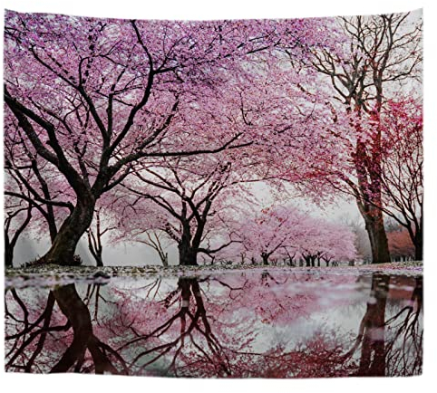 A.Monamour Wall Hanging Tapestry Japanese Pink Cherry Blossom Tree With Reflection In Water Picture Print Wall Fabric Mural Art Decoration for Bedroom Dorm Living Room 102x153cm