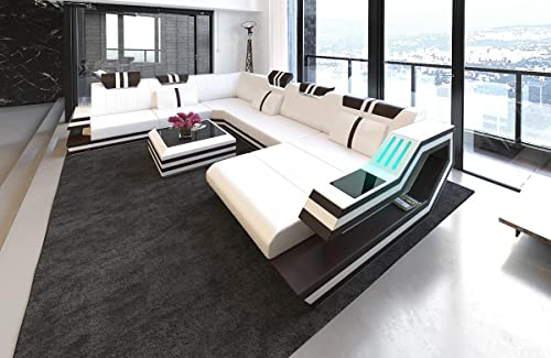 XXL Sofa Wohnlandschaft Ravenna Ledersofa U Form - mit LED Beleuchtung, verstellbare Kopfstützen, Recamiere/Lederfarben wählbar/Ausrichtung wählbar (Ottomane rechts, Weiß-Braun)