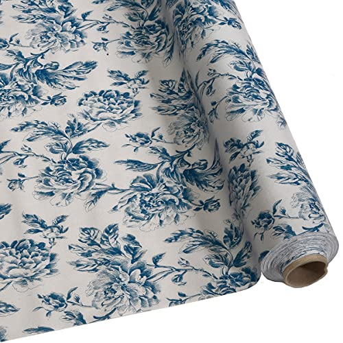 DéVa Wachstuchtischdecke Rosen weiß/blau in 1,4m Breite (Meterware) - PVC Wachstuch - Outdoor und Indoor Tischdecke
