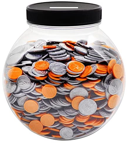 Mczcent Large Coin Bank Jar, Big Clear Plastic Coin Money Tip Change Saving Piggy Jar with Silver Slotted Lid, 2 Placement Methods Large Plastic Coins Piggy Money Change Clear Bank for Adults Teens