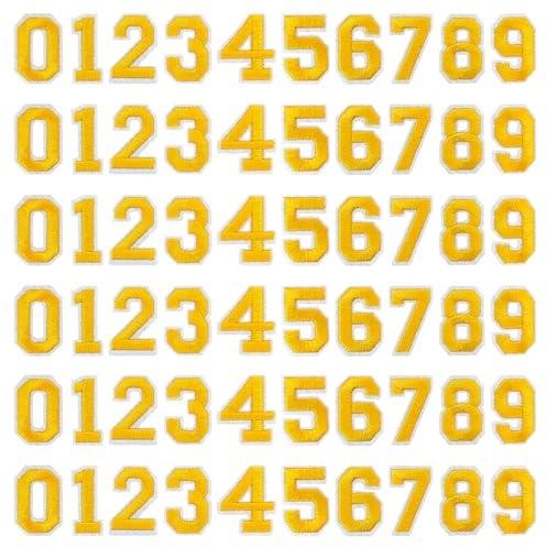 J.CARP 60Pcs Yellow Number 0 to 9 Patches Iron on Sew on Letters for Clothing, Hats, Shoes, Backpacks, Handbags, Jeans, Jackets etc.