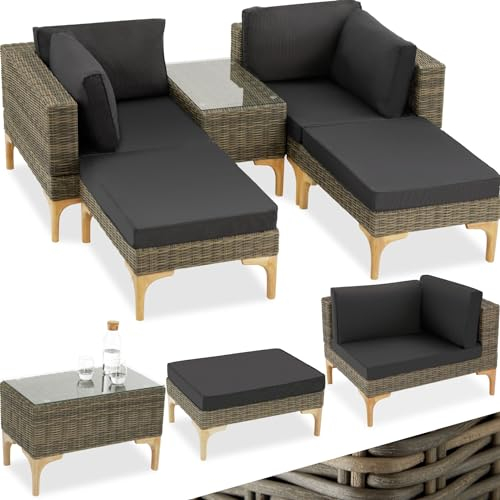 TecTake® Ensemble Salon de Jardin Exterieur en Poly Rotin Modulable Bain de Soleil 4 Places 1 Canapé 2 Tabouret Pouf et 1 Table de Jardin, Mobilier de Jardin pour Amenagement Balcon Terrasse
