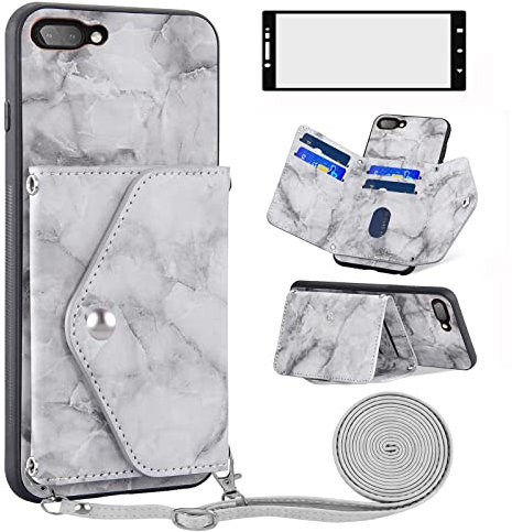 Asuwish Handyhülle für BlackBerry KEY2 Hülle mit Band und Glas Folie Schutzfolie Kartenfach Klappbar Kette Leder Geldbörse Ständer KEY 2 Two KEYtwo Handy Hüllen Schutzhülle Handyhüllen Phone Case Grau