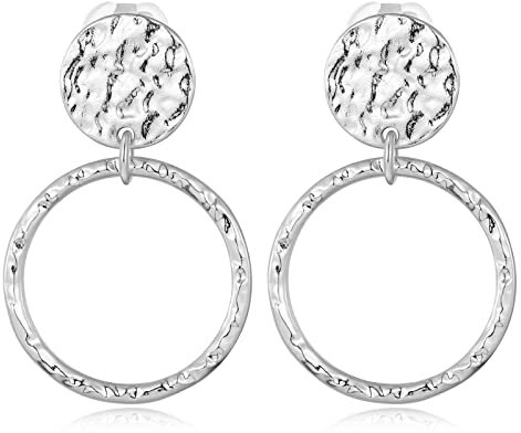 MUYAN Silber Clip On Drop Ohrringe für Frauen Toroidal Falten Textur Non Piercing Vintage Dangle Ohrringe Modeschmuck Silver Drop Earrings for Women