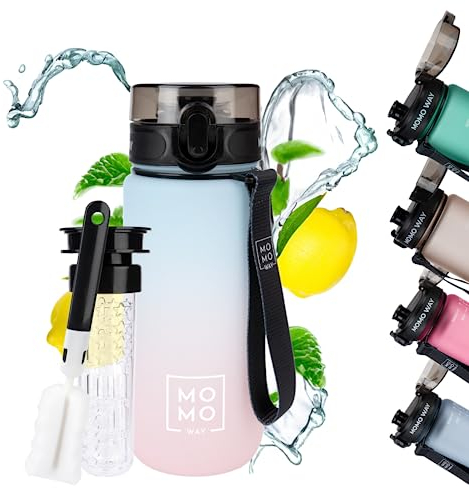 MOMO WAY Trinkflasche Tritan Wasserflasche Mit Früchtebehälter Wiederverwendbare Sportflasche Für Schule Gym Geschenk BPA-Frei 1-Klick Verschluss Blau Rosa 600ml