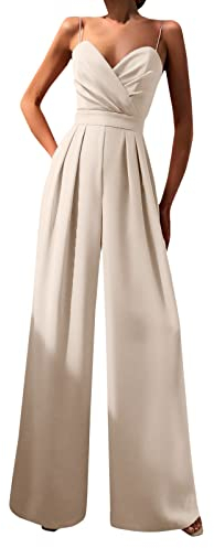 Rifuli Einfarbiger Jumpsuit Damen Elegant Sommer Spaghettiträger Schulterfrei Overalls Weites Bein Strampler #19, rose, 42