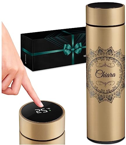 Maverton Tazza termica tè caffè 450 ml - thermos con incisione personalizzata in acciaio inox - coperchio ermetico one-touch - borraccia termica display led - per donna - gold - Mandala